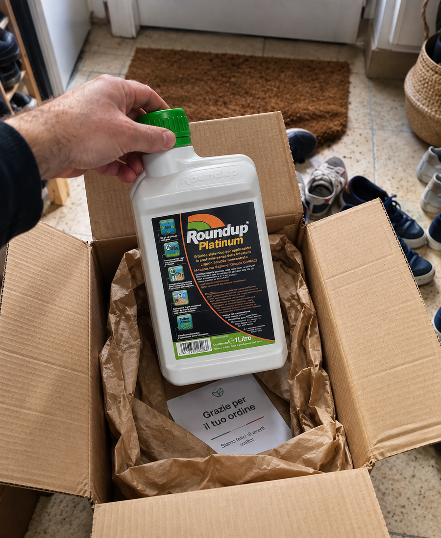 Cliente durante l’apertura del pacco con Roundup Platinum 1 litro