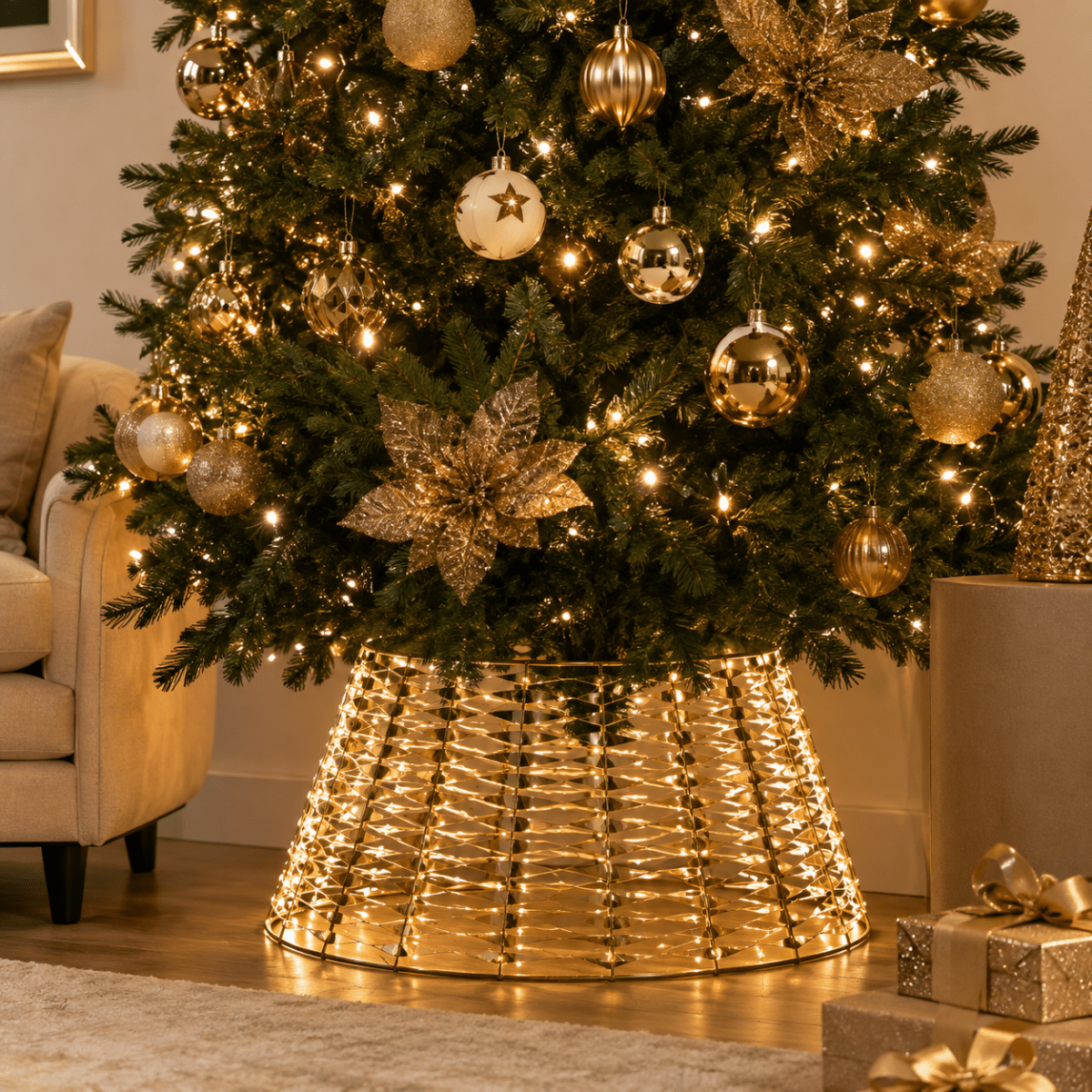 Albero di Natale con copribase oro illuminato ambientato in casa