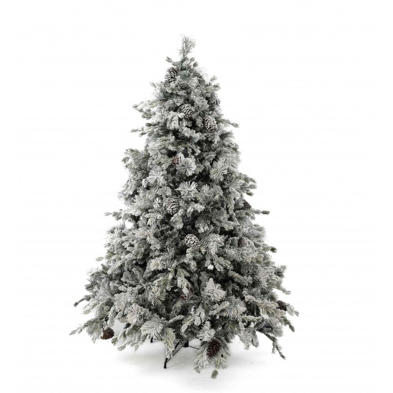 Abete artificiale Livigno LVG Design con rami spolverati di neve e piccole pigne decorative