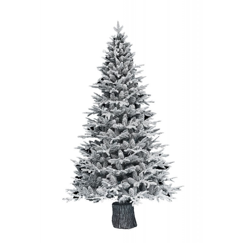 Albero di Natale innevato Sappada in stile nordico con piede a forma di ceppo di legno