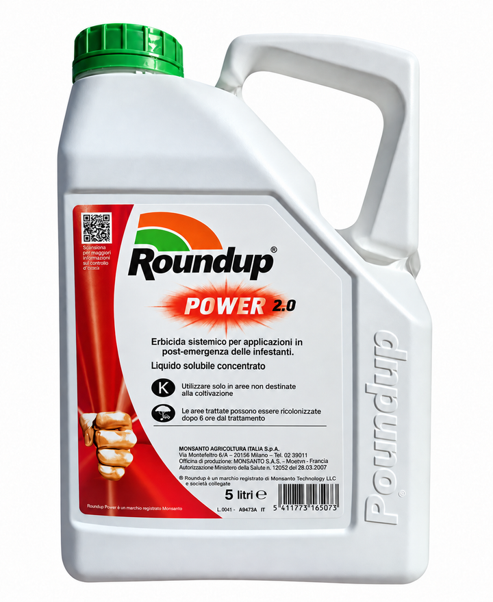 Tanica da 5 L di Roundup Power 2.0, erbicida al glifosato.