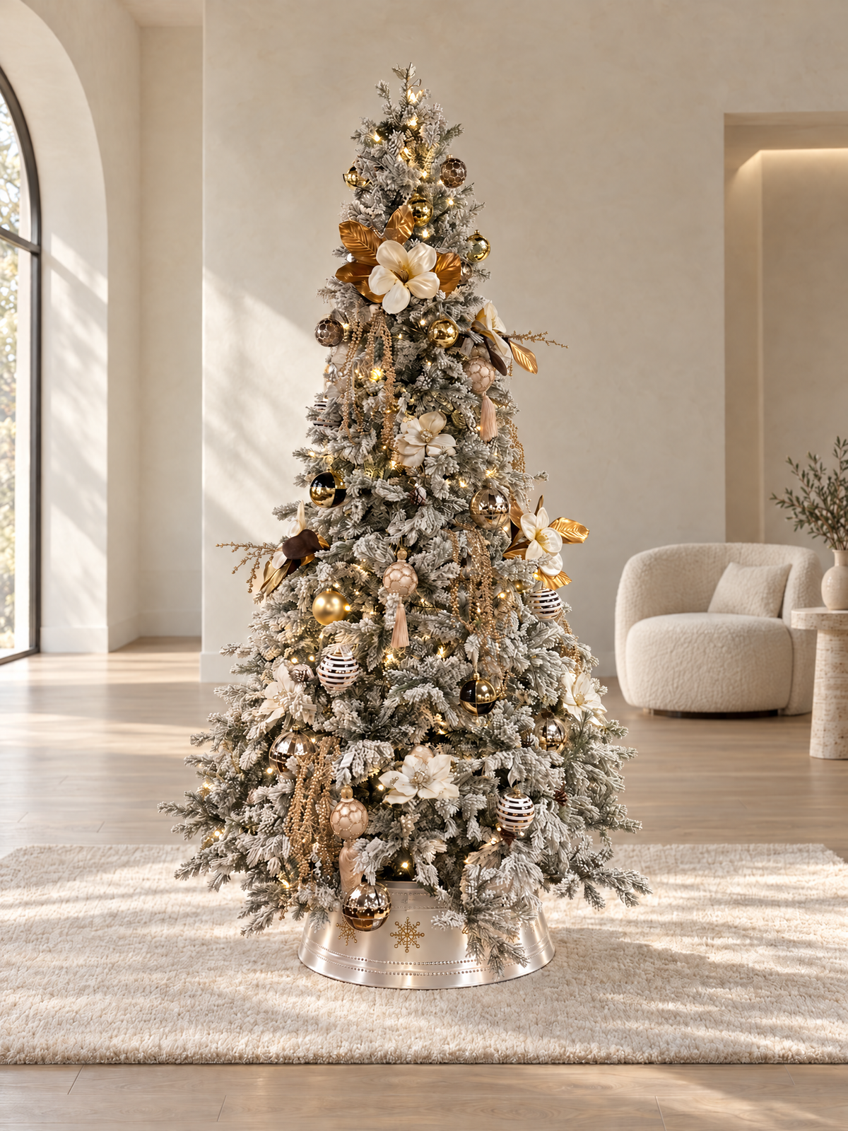 Albero di Natale Winter Fantasy innevato con 50 addobbi inclusi e copribase in metallo